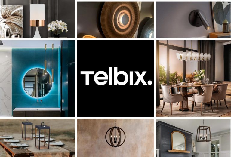 Telbix logo surrounded by various interior lighting and decor examples, including a bathroom mirror with LED, dining room chandelier, and outdoor lanterns