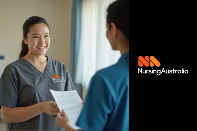 A nurse in grey scrubs hands paperwork to another person; both wear Nursing Australia uniforms. The Nursing Australia logo appears on the right.