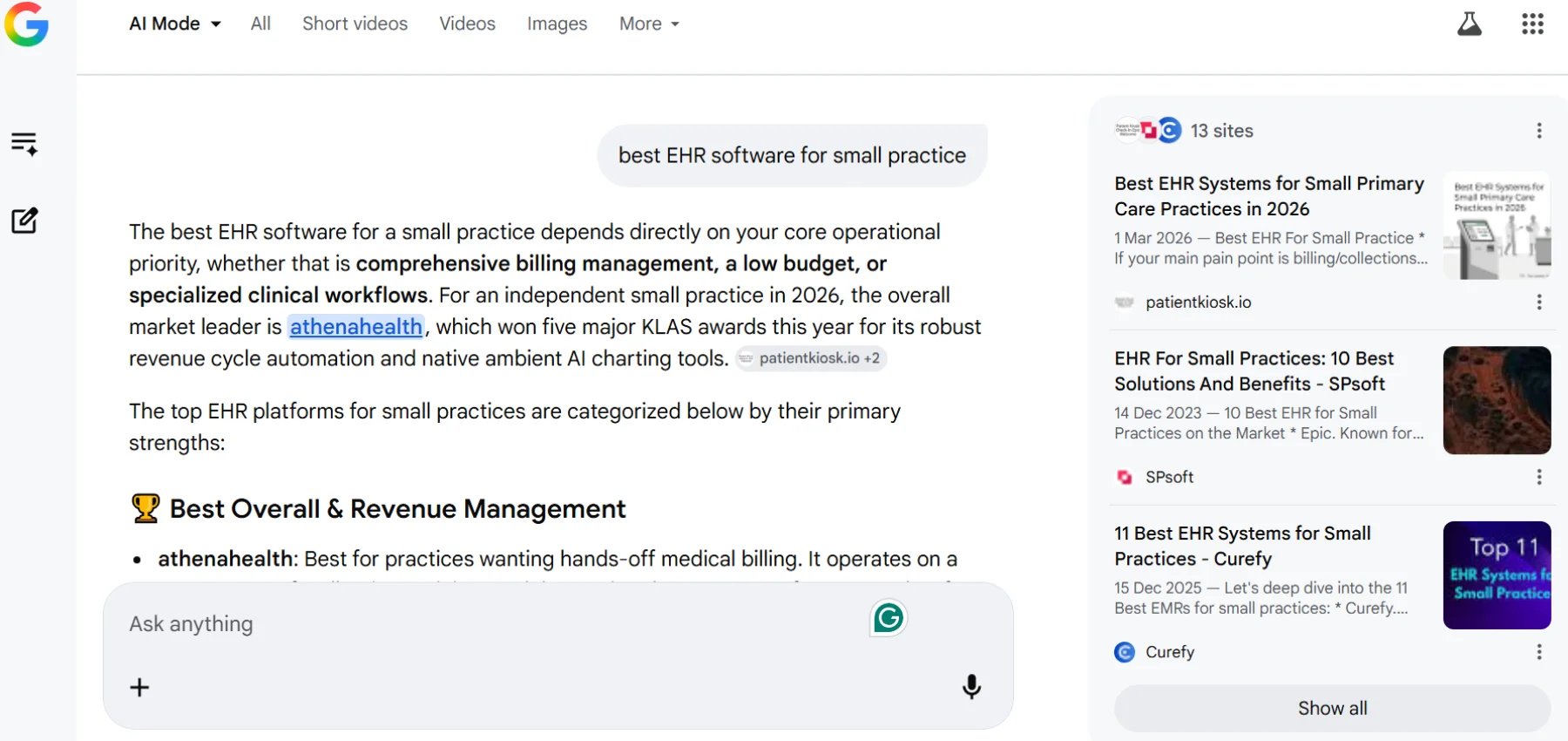 The image displays Google’s AI-powered search interface (AI Mode) returning a detailed, structured response for “best EHR software for small practice”, featuring entity-highlighted brands (e.g., athenahealth), category-based recommendations (e.g., “Best Overall & Revenue Management”), and inline citations—showcasing how B2B websites optimized with clear expertise, schema markup, and intent-focused content dominate generative AI search results.