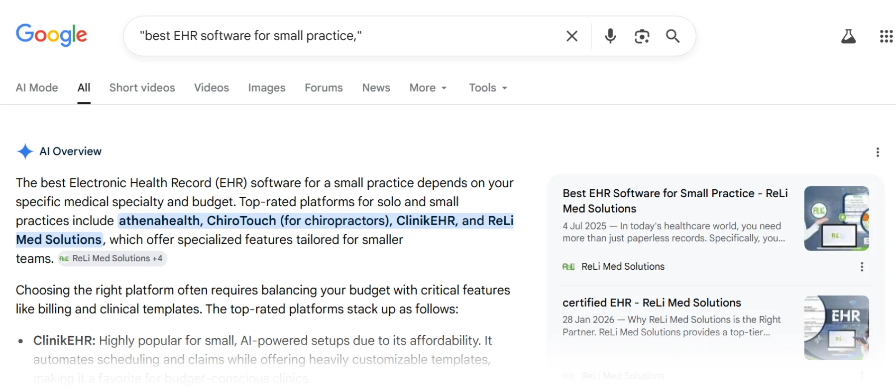 The image shows a Google Search results page for the query “best EHR software for small practice,” featuring an AI Overview snippet that highlights top-rated B2B SaaS solutions (athenahealth, ChiroTouch, ClinikEHR, ReLi Med Solutions) with structured, entity-rich content—demonstrating how optimised B2B websites surface in generative AI search results through clear product differentiation, schema markup, and intent-aligned content.